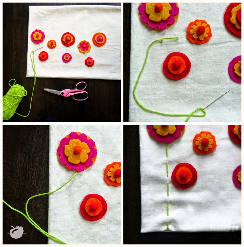 Collage of how to sew the stems onto the pillow case by Champagne and Sugarplums