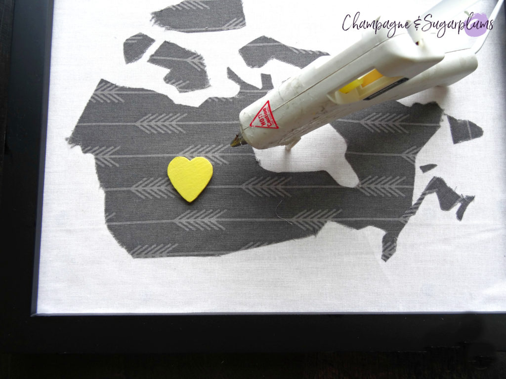 How to attach a heart shape onto a fabric map for a Father's Day Art frame by Champagne and Sugarplums