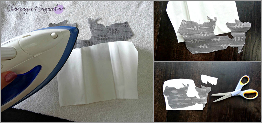 Collage of how to cut out a map in fabric for a Father's Day Art craft by Champagne and Sugarplums