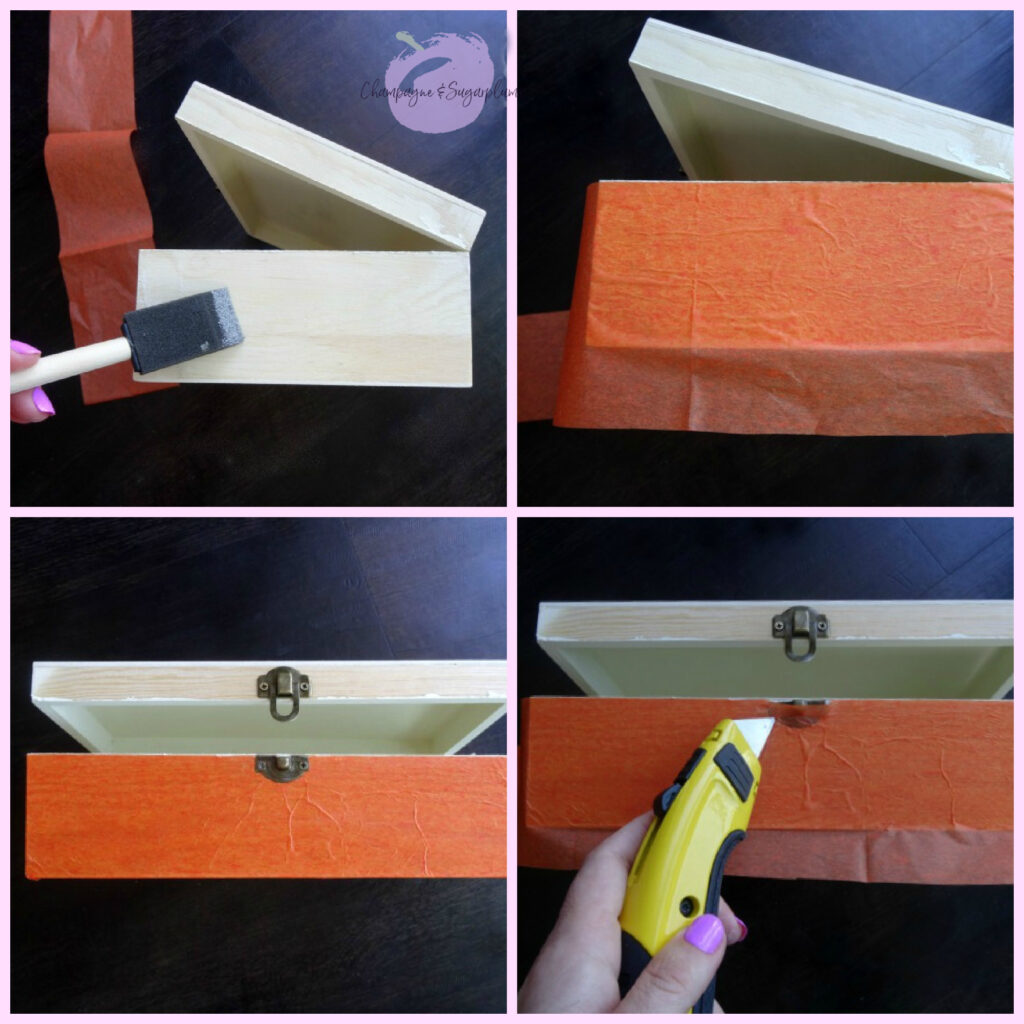 Collage of how to apply tissue paper to the box by Champagne and Sugarplums