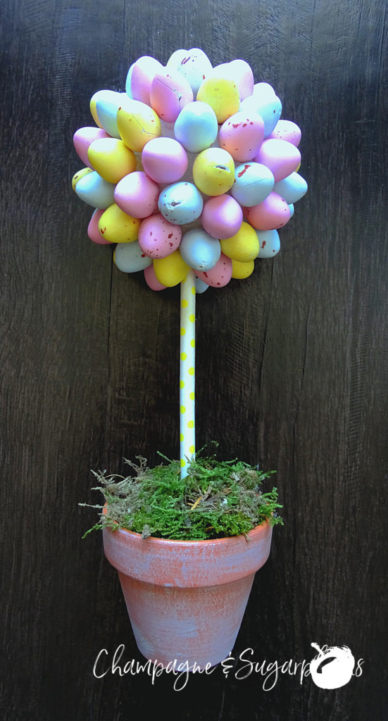 Completed mini egg topiary on a dark background by Champagne and Sugarplums