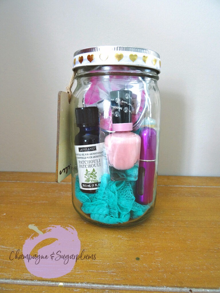 Completed spa mason jar by Champagne and Sugarplums