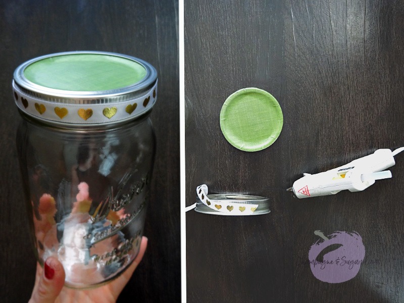 Collage of how to decorate the lid of a mason jar with ribbon by Champagne and Sugarplums