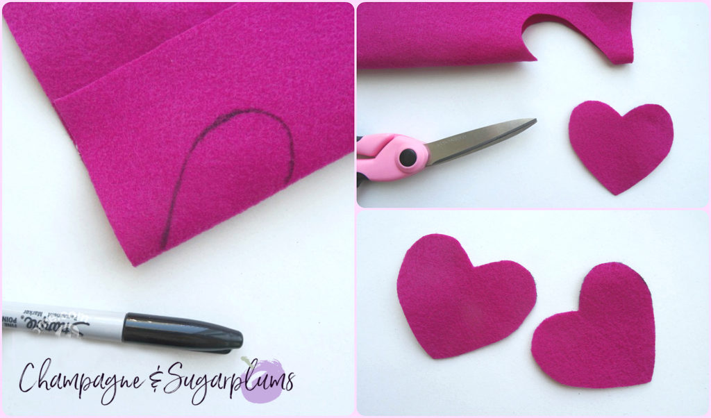 Collage of how to cut hearts from pink felt by Champagne and Sugarplums