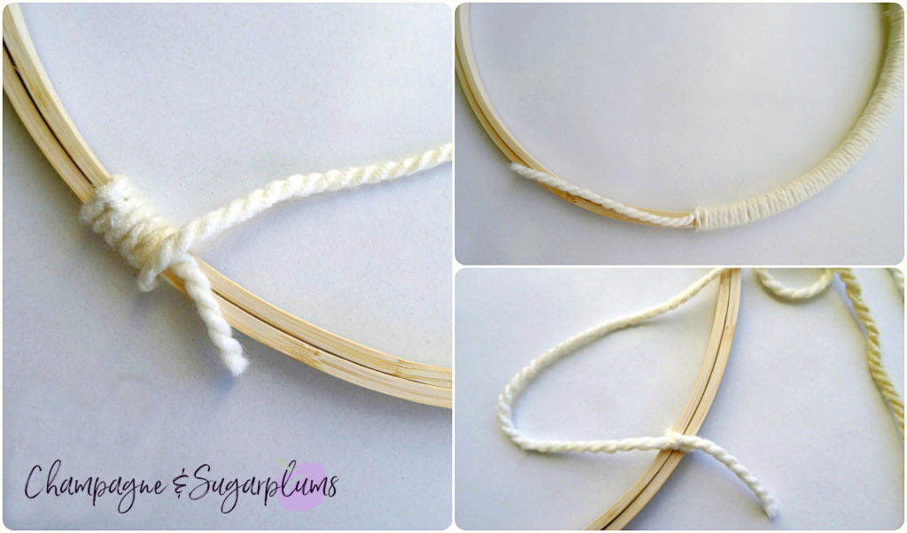 Collage of how to cover a hoop in yarn to make a Valentine's Day Wreath by Champagne and Sugarplums