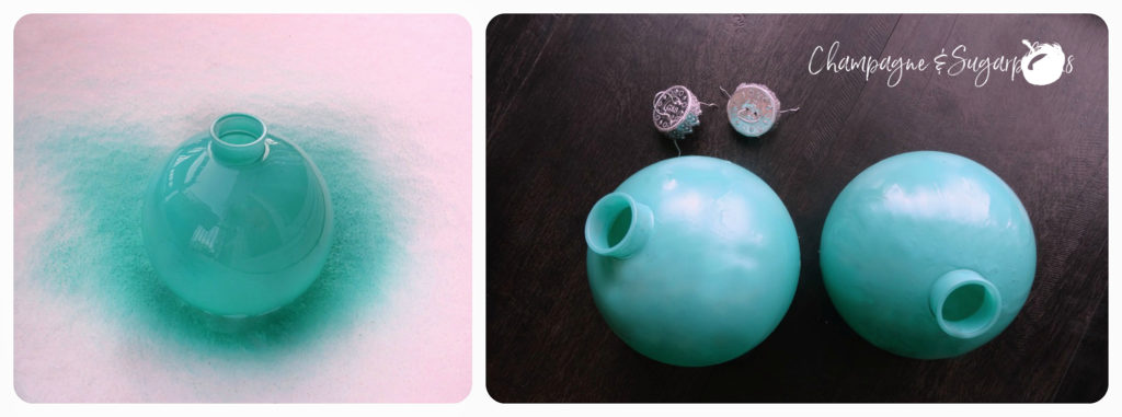 Collage of spray-painting ornaments in teal by Champagne and Sugarplums