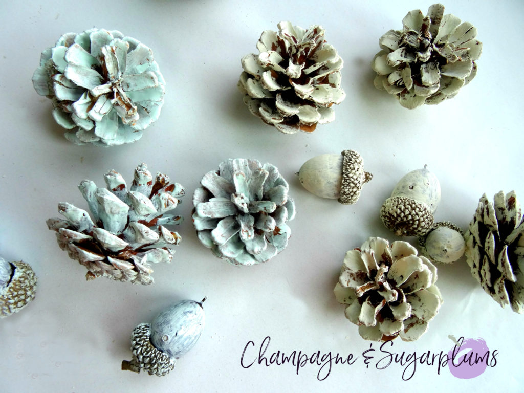 Painted pine cones and acorns no a white background by Champagne and Sugarplums