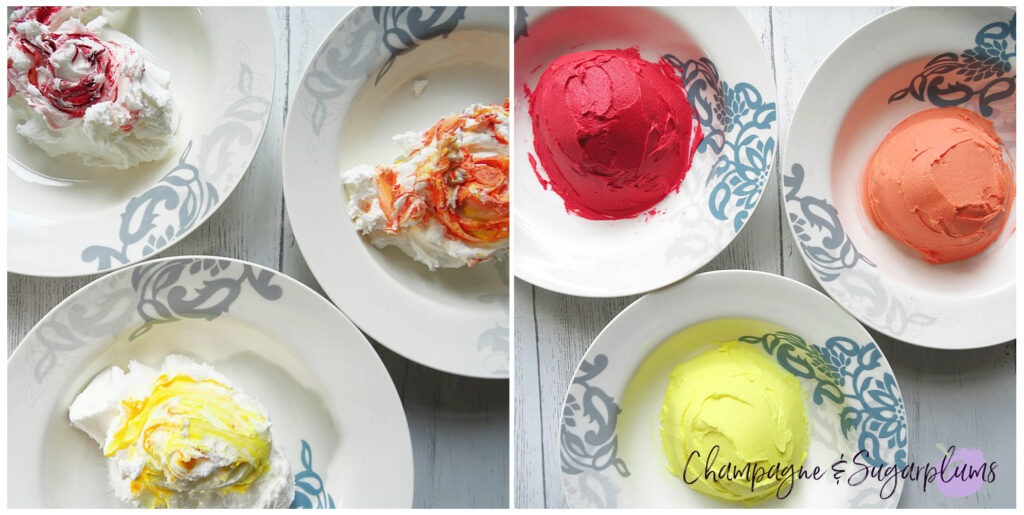 Bowls of coloured icing by Champagne and Sugarplums