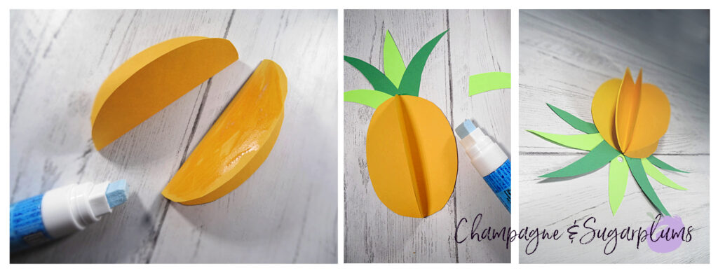 Gluing yellow paper circles together to create pineapples by Champagne and Sugarplums