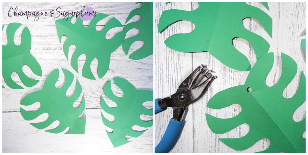 Cutting leaves from green paper by Champagne and Sugarplums Tropical Party Decor