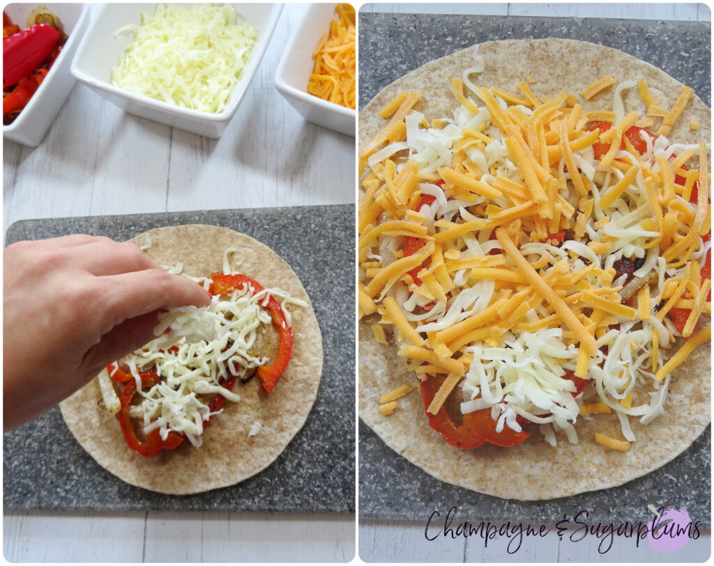 Collage of adding cheese to a quesadilla on a grey cutting board by Champagne and Sugarplums