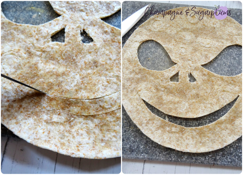 Cutting a scary smile into a tortilla on a grey cutting board by Champagne and Sugarplums