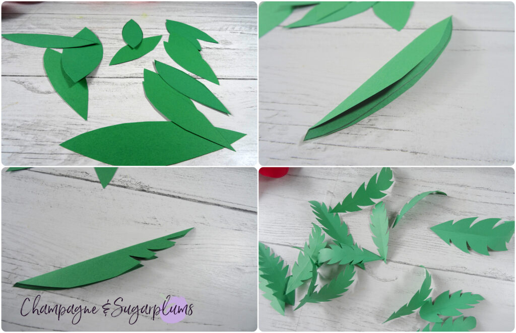 Step by step of how to make green paper leaves by Champagne and Sugarplums