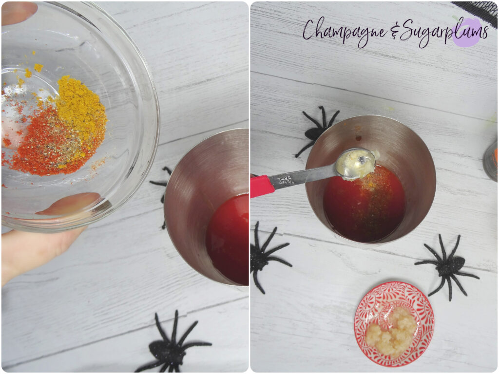 Adding spices and ingredients to a tomato based cocktail in a shaker on a white background by Champagne and Sugarplums