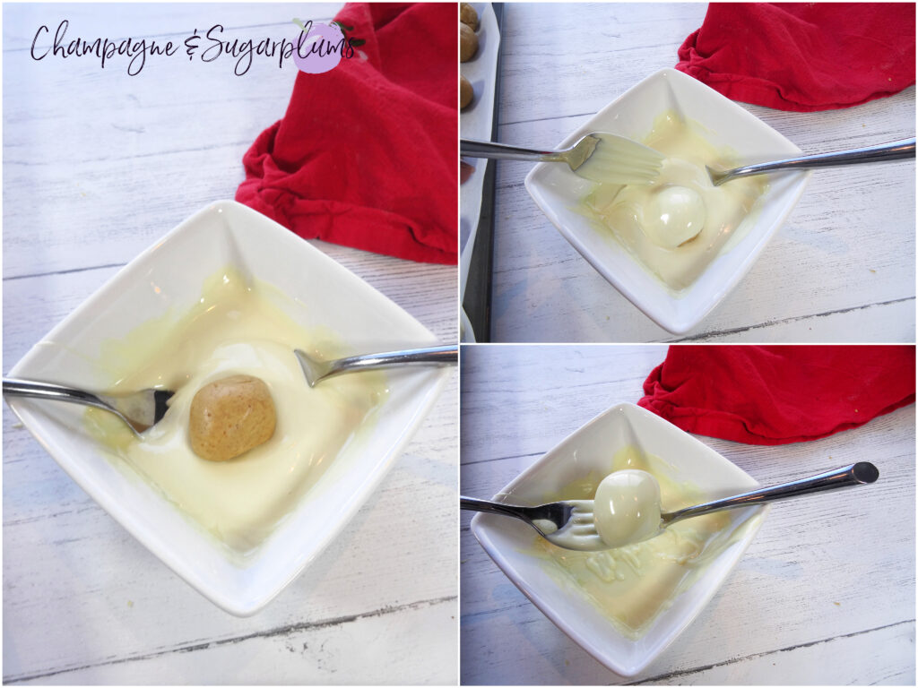 Collage showing how to cover snowball treats in white chocolate using two forks by Champagne and Sugarplums