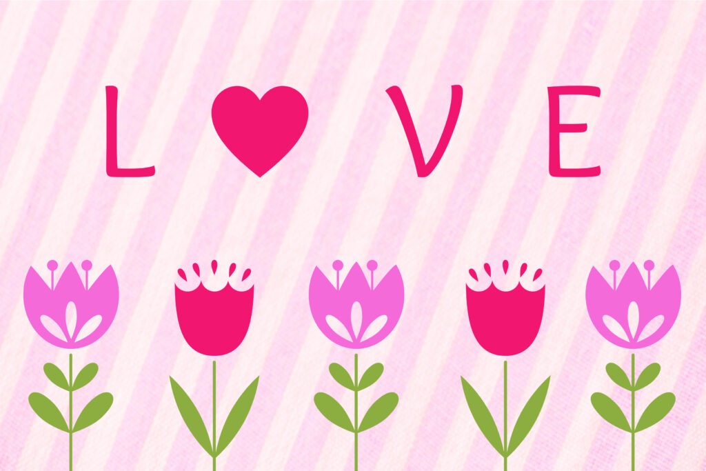 Pink striped Valentine card with purple and pink tulips and 'love' written on it by Champagne and Sugarplums