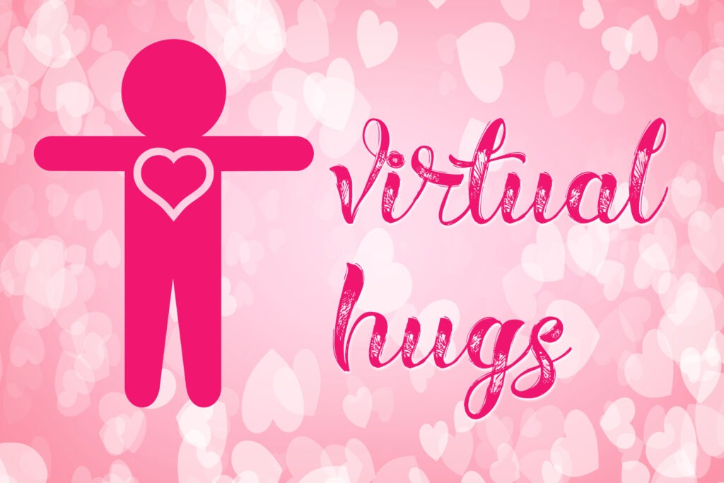 Free printable COVID themed pink bokeh heart Valentine card with a stick person and 'virtual hugs' on it by Champagne and Sugarplums