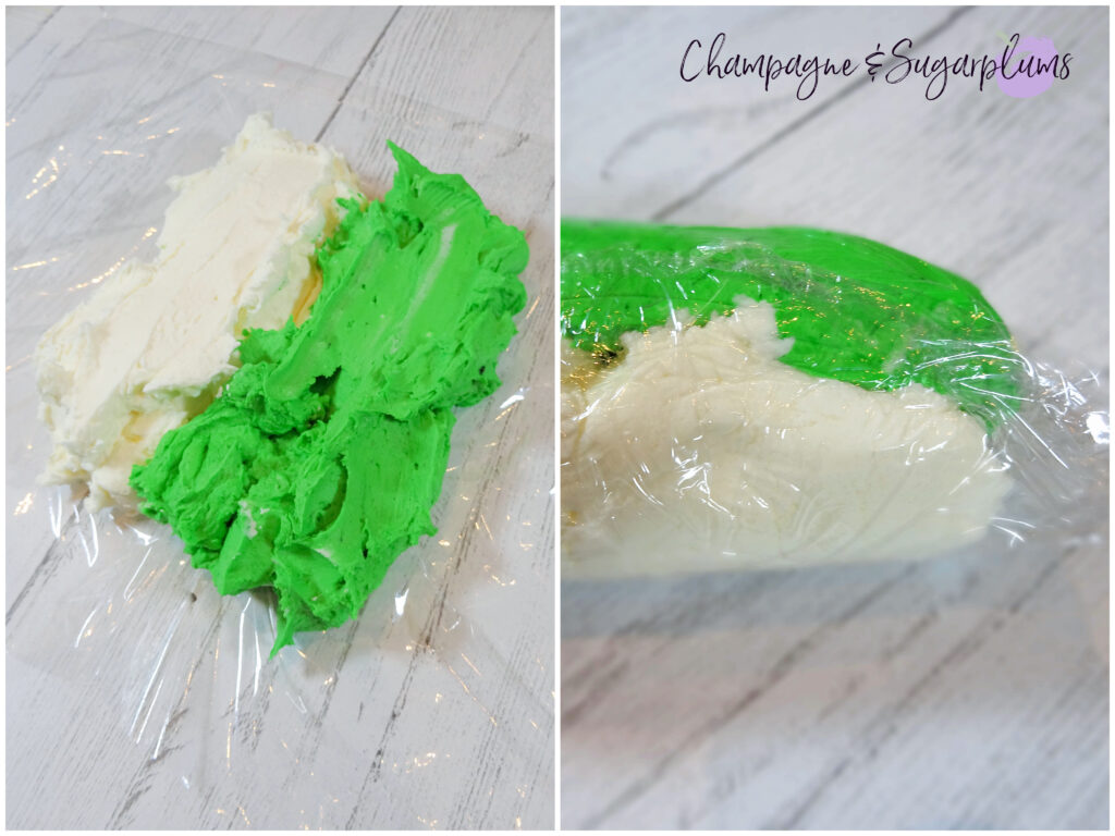 White and green frosting placed in two lines on top of plastic wrap and then rolled into a tube by Champagne and Sugarplums