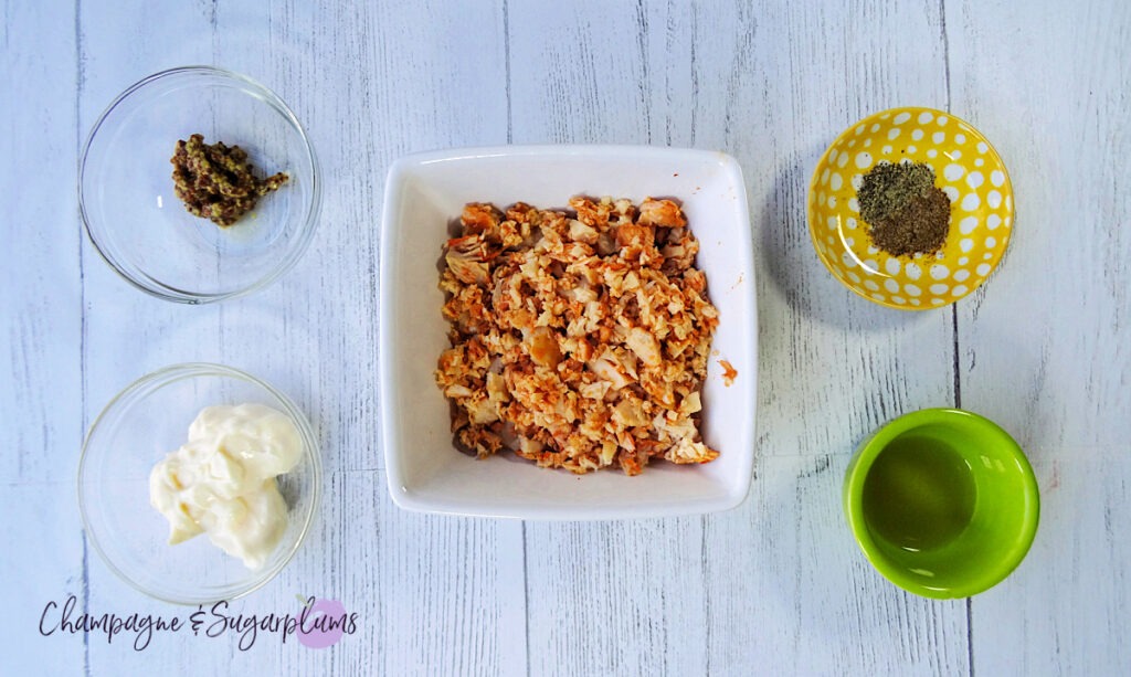 Ingredients for chicken salad on a white background by Champagne and Sugarplums