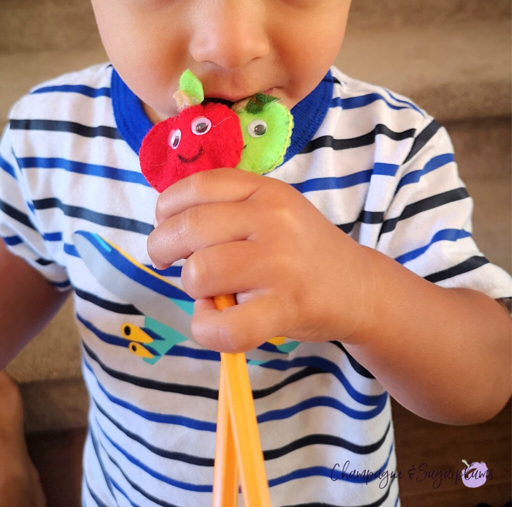 Felt Pencil Toppers - a green apple and a red apple, being bitten by a toddler by Champagne and Sugarplums