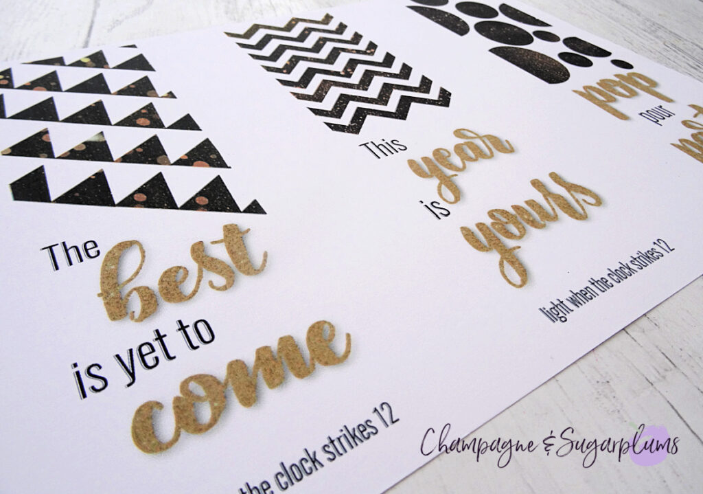 Black and gold cards on a sheet of cardstock on a white background by Champagne and Sugarplums